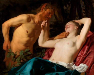 Nymph and satyr, by Gerard van Honthorst. Free illustration for personal and commercial use.