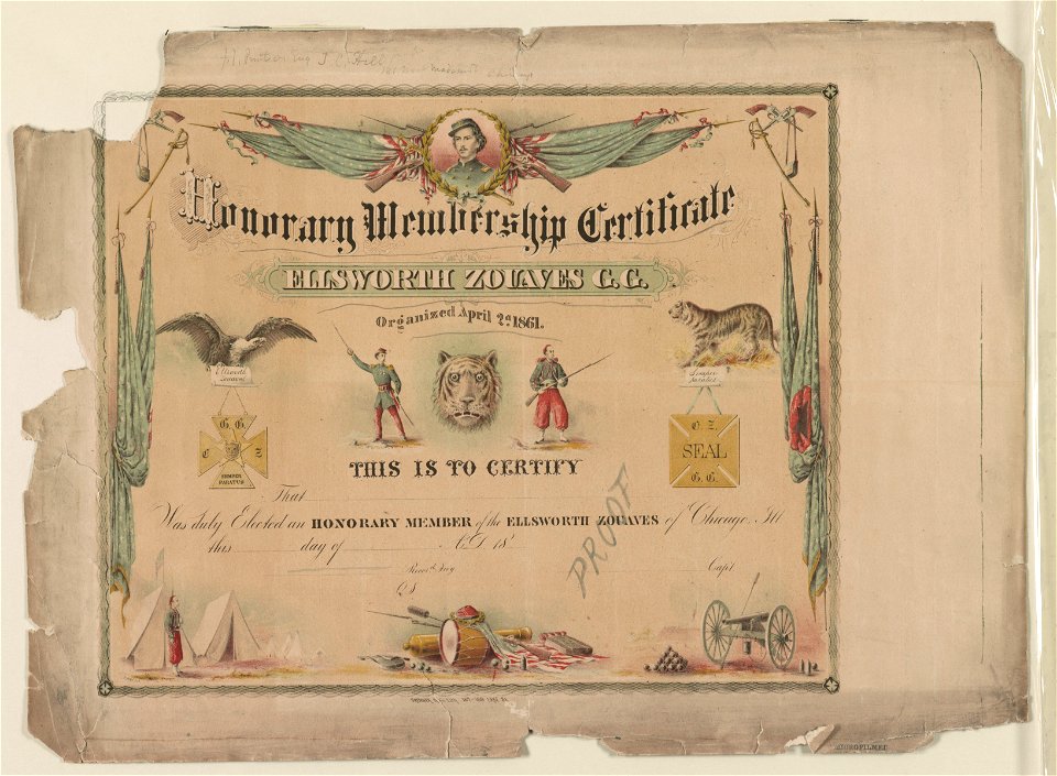 Honorary membership certificate. Ellsworth Zouaves G.G. Organized April 2d. 1861 LCCN2003681503