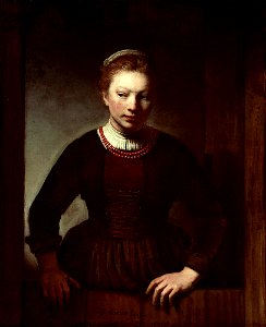 Samuel van Hoogstraten - Vrouw bij een half open deur. Free illustration for personal and commercial use.