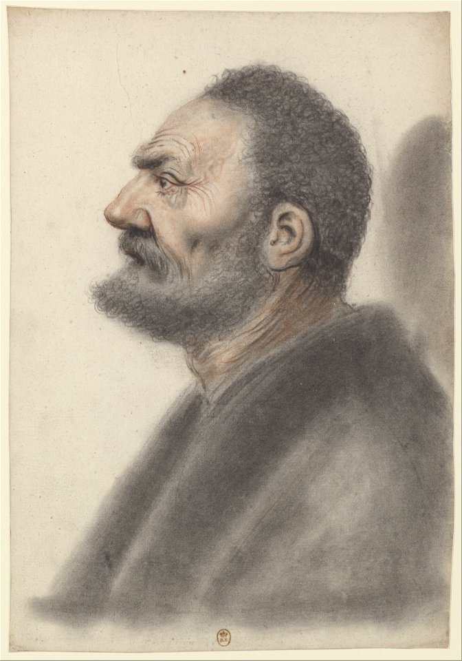 Homme à la barbe courte et aux cheveux frisés, la tête légèrement relevée, de profil à gauche (Nicolas Lagneau)
