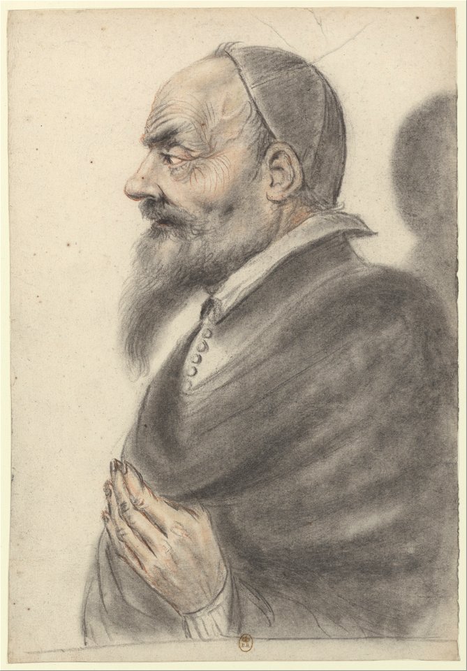 Homme âgé barbu, portant une calotte et une capeline noire, de profil à gauche (Nicolas Lagneau)