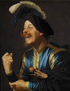 Honthorst - A LAUGHING VIOLINIST, HALF-LENGTH, WEARING A BLUE AND YELLOW STRIPED DOUBLET AND A PLUMED CAP, WITH A VIOLIN TUCKED UNDER HIS ARM, n08516 (cropped)