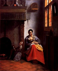Pieter de Hooch - A Woman Nursing an Infant with a Child and a Dog - WGA11697