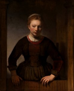 Samuel van Hoogstraten - Young woman at an open half-door (1645). Free illustration for personal and commercial use.