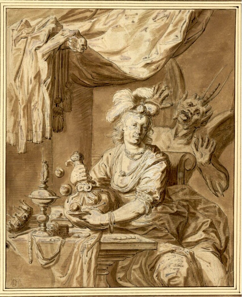 Honthorst - Vanitas-Allegorie (Frau Welt mit Schätzen, Seifenblasen und Teufel), 8135
