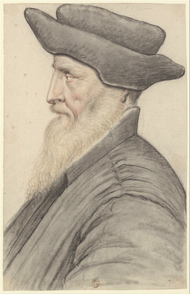 Homme à longue barbe blanche, coiffé d'un bonnet noir à bord relevé, de profil à gauche (Nicolas Lagneau)