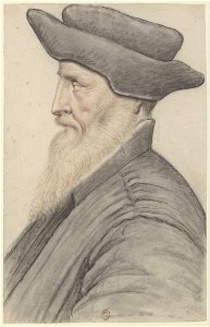 Homme à longue barbe blanche, coiffé d'un bonnet noir à bord relevé, de profil à gauche (Nicolas Lagneau)