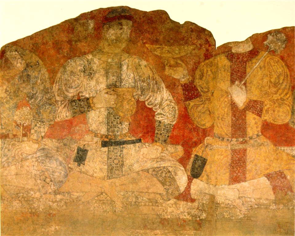 Hommes au banquet, pigment sur plâtre, Penjikent, Tadjikistan