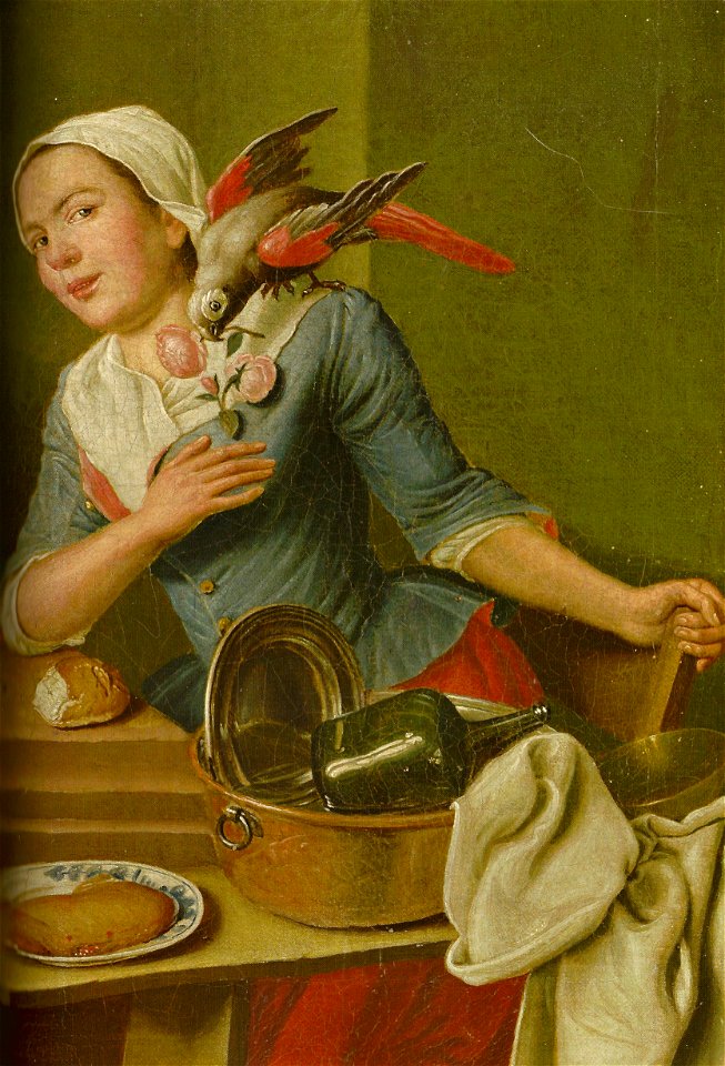 Horemans, Peter Jakob - Küchenstillleben mit weiblicher Figur und Papagei - 1760 (Detail Person)