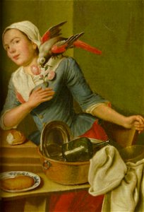 Horemans, Peter Jakob - Küchenstillleben mit weiblicher Figur und Papagei - 1760 (Detail Person)