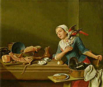 Horemans, Peter Jakob - Küchenstillleben mit weiblicher Figur und Papagei - 1760