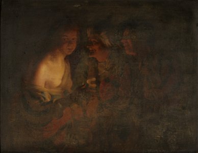 Honthorst - Schalcken - Ung pige med lysestage, gammel kone, samt violinspiller, KMSst330