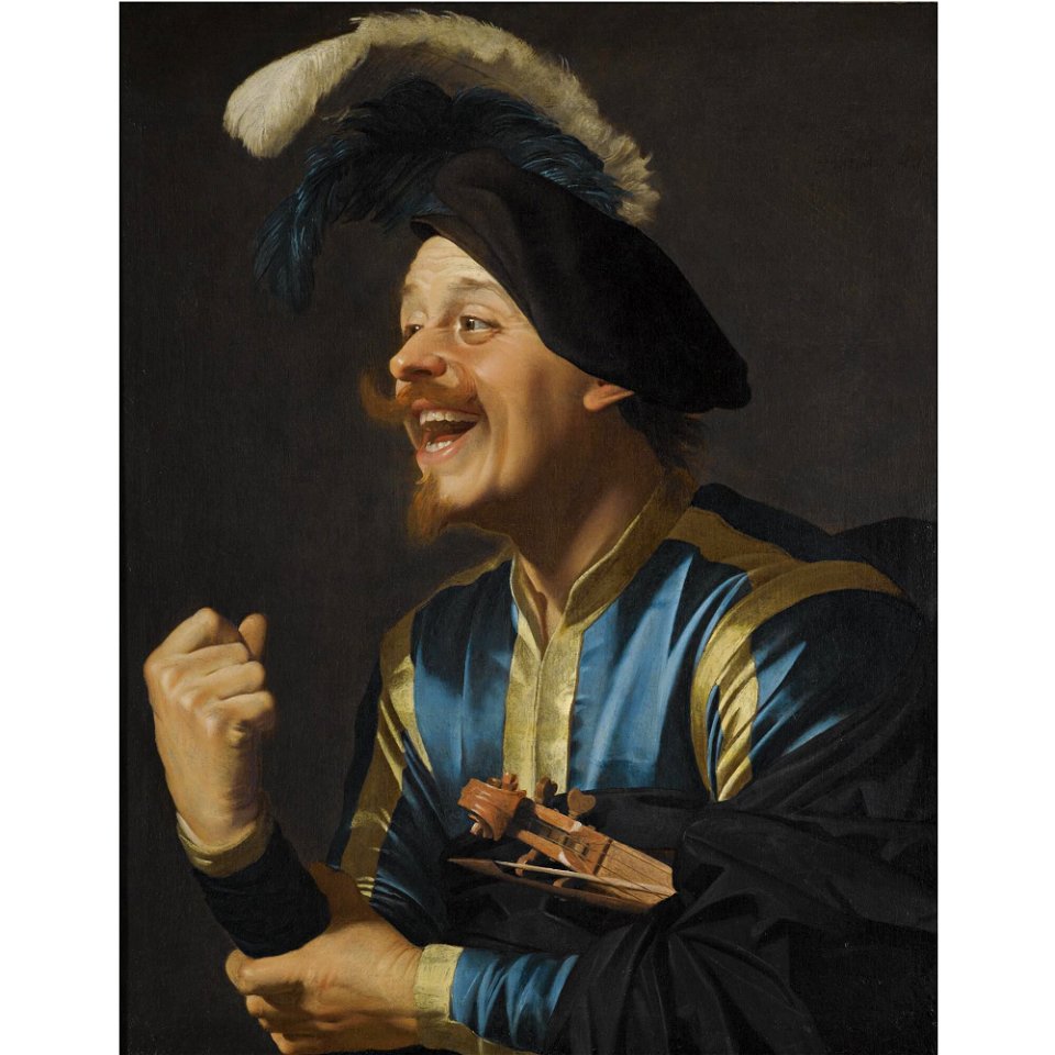 Honthorst - A LAUGHING VIOLINIST, HALF-LENGTH, WEARING A BLUE AND YELLOW STRIPED DOUBLET AND A PLUMED CAP, WITH A VIOLIN TUCKED UNDER HIS ARM, n08516