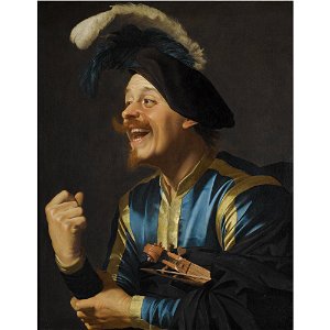 Honthorst - A LAUGHING VIOLINIST, HALF-LENGTH, WEARING A BLUE AND YELLOW STRIPED DOUBLET AND A PLUMED CAP, WITH A VIOLIN TUCKED UNDER HIS ARM, n08516