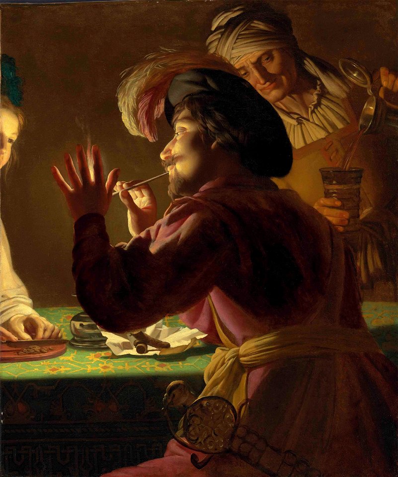 Honthorst - Studio of - A cavalier lighting a pipe from a candle, an old woman pouring from a crock and a young woman cutting tobacco - a fragment, 5702369