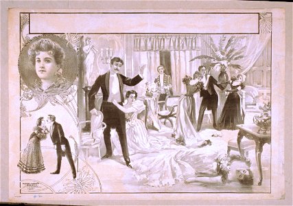 Horrified onlookers in formal dress view dead woman and smoking gun on floor; vignettes of couple and portrait on left side LCCN2014636872