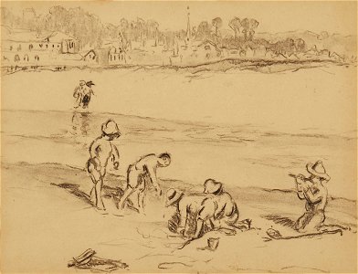 Children on the Beach by William S. Horton, charcoal . Free illustration for personal and commercial use.
