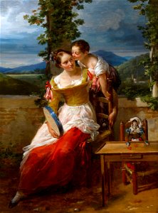 Hortense Haudebourt-Lescot - A Mother and Child Playing on a Terrace with a Tambourine