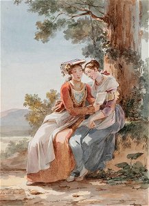 Hortense Haudebourt-Lescot - Two women conversing at the foot of a tree. Free illustration for personal and commercial use.