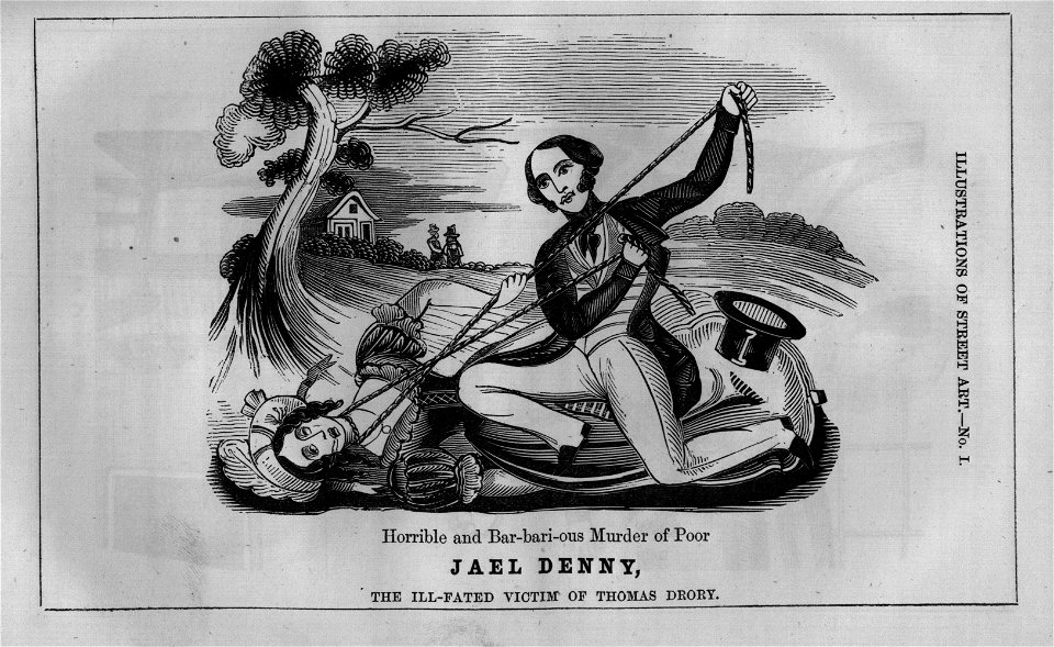 Horrible and bar-bari-ous murder of poor Jael Denny, the ill-fated victim of Thomas Drory. Free illustration for personal and commercial use.