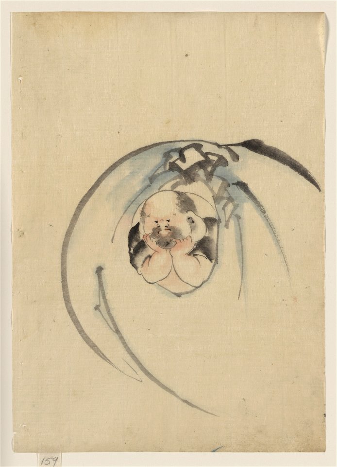 Hotei, the god of good fortune, one of the seven lucky gods, facing front with his head resting on his hands, peering out through an opening in his bottomless bag of goods LCCN2009631915