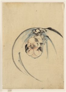 Hotei, the god of good fortune, one of the seven lucky gods, facing front with his head resting on his hands, peering out through an opening in his bottomless bag of goods LCCN2009631915