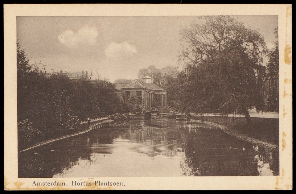 Hortusplantsoen aan de rechterkant met links de Hortus Botanicus.(N.V. Luxe Papierwarenhandel v.h. Roukes & Erhart, Baarn, Afb PBKD00155000002