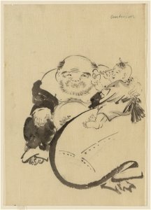 Hotei, the god of good fortune, one of the seven lucky gods, seated, facing front, next to his bottomless bag of goods on which a small child is sitting and who appears to be cleaning LCCN2009631908