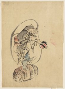Hotei, the god of good fortune, one of the seven lucky gods, facing right, standing on a rolling barrel, holding a mallet in his right hand and carrying his large bottomless bag of goods LCCN2009631959