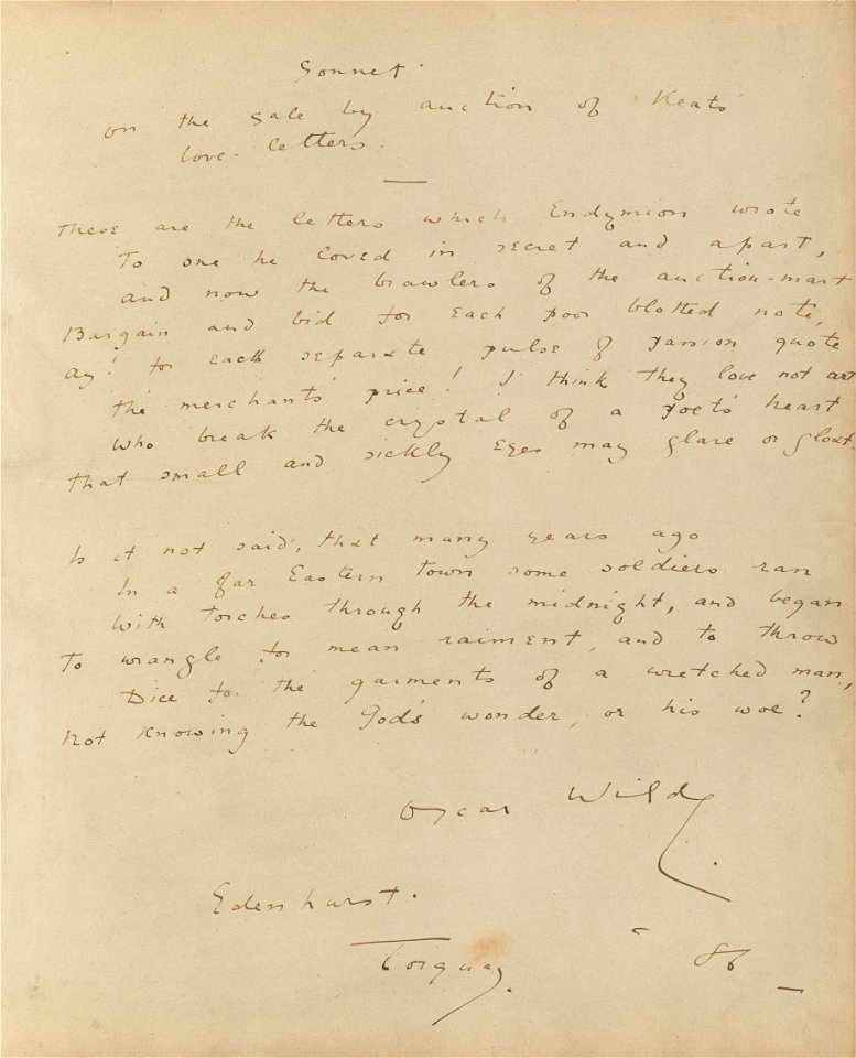 Houghton MS Eng 1645 - Wilde, Sonnet on the sale, 1886