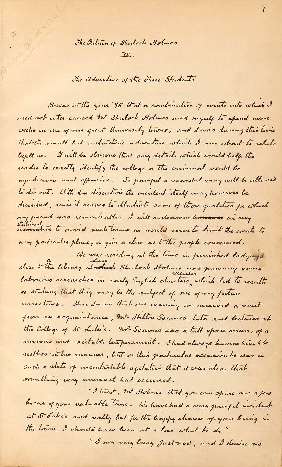Houghton MS Eng 63 - Doyle, MS of the first page of The Adventure of the Three Students