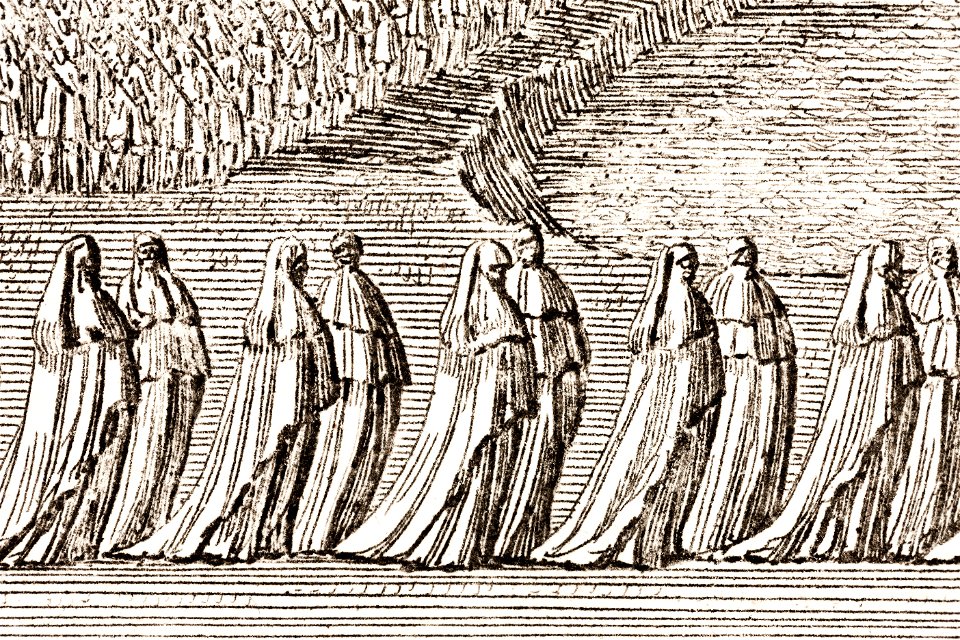 Hovdamer i vit sorgedräkt vid Karl X Gustavs begravning, 1660 - Livrustkammaren - 108759