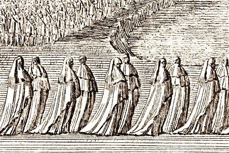 Hovdamer i vit sorgedräkt vid Karl X Gustavs begravning, 1660 - Livrustkammaren - 108759
