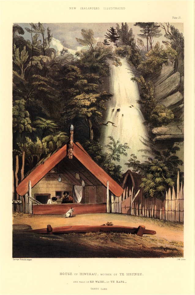 HOUSE OF HIWIKAU, MOTHER OF TE HEUHEU. AND FALLS KO WAIHI, AT TE RAPA, TAUPO LAKE, The New Zealanders Illustrated, 1847