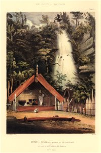 HOUSE OF HIWIKAU, MOTHER OF TE HEUHEU. AND FALLS KO WAIHI, AT TE RAPA, TAUPO LAKE, The New Zealanders Illustrated, 1847
