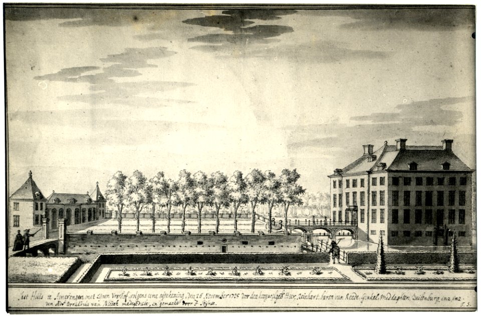 HUA-107282-Gezicht vanuit de tuin op het kasteel Amerongen te Amerongen met links de bijgebouwen op het voorterrein