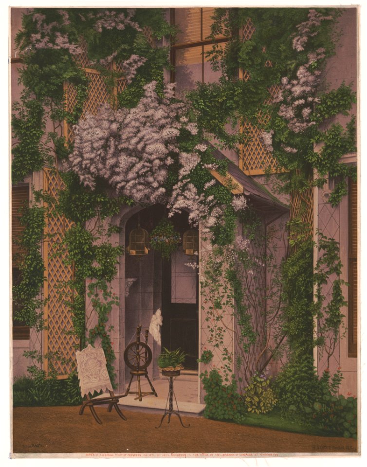 House front with chair, spinning wheel, plants and bird cages in doorway. LCCN2003688556