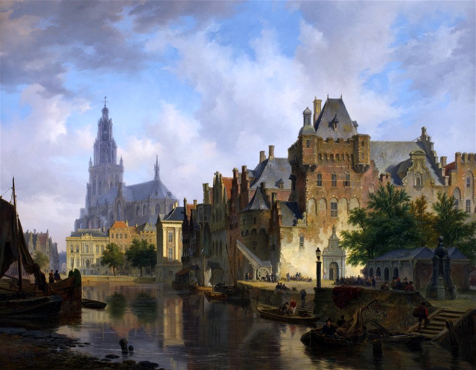Fancy cityscape with the Mauritshuis, by Bartholomeus Johannes van Hove