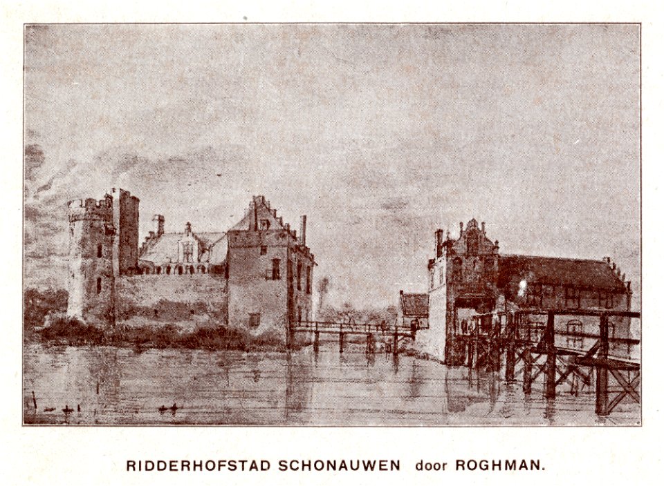 HUA-107463-Gezicht op het kasteel Schonauwen bij Houten uit het zuidoosten met rechts het poortgebouw dat toegang gaf tot de voorburcht