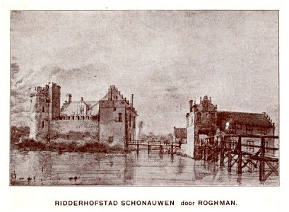 HUA-107463-Gezicht op het kasteel Schonauwen bij Houten uit het zuidoosten met rechts het poortgebouw dat toegang gaf tot de voorburcht