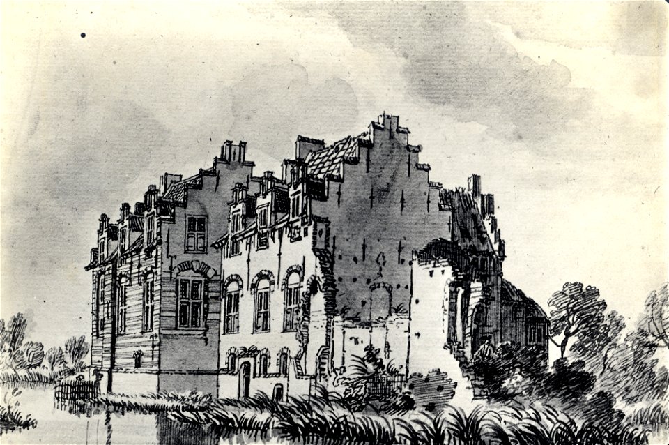 HUA-107431-Gezicht op het omgrachte kasteel Nijeveld bij Veldhuizen uit het noordoostenNB De gemeente Veldhuizen is per 1 januari 1954 opgenomen in de gemeente V