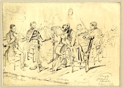HUA-106801-Afbeelding van een strijkkwartet bestaande uit de Utrechtse heren Baumgarten Dahmen Malherbe en Craeyvanger spelend tijdens een huisconcert