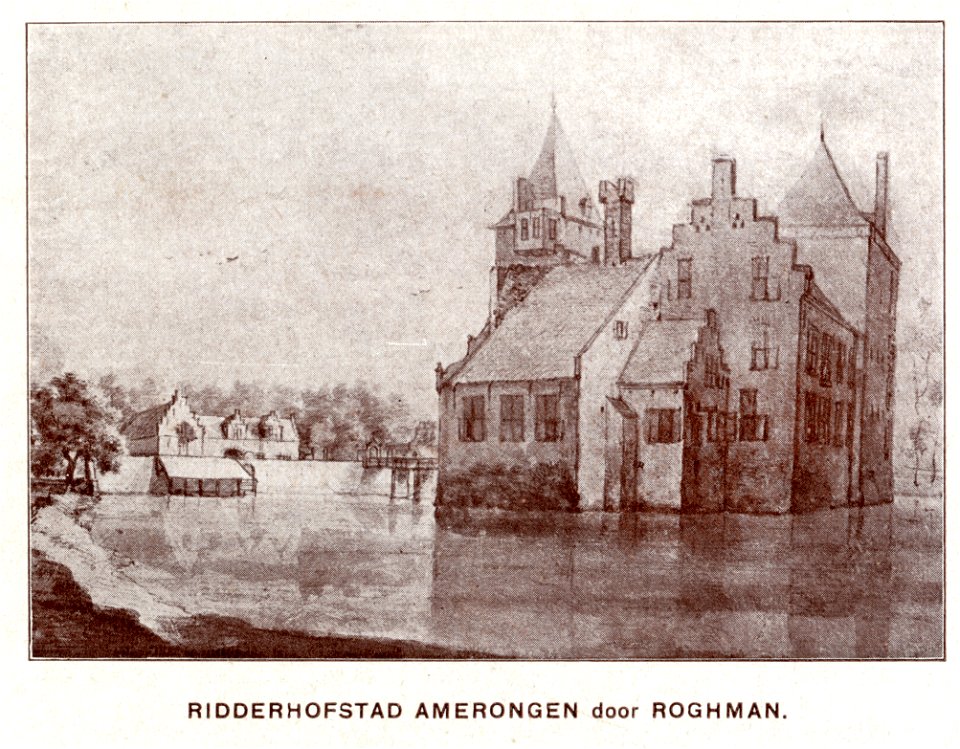 HUA-107277-Gezicht op het kasteel Amerongen te Amerongen met op de achtergrond de voorburcht met de dienstgebouwen uit het noordwesten