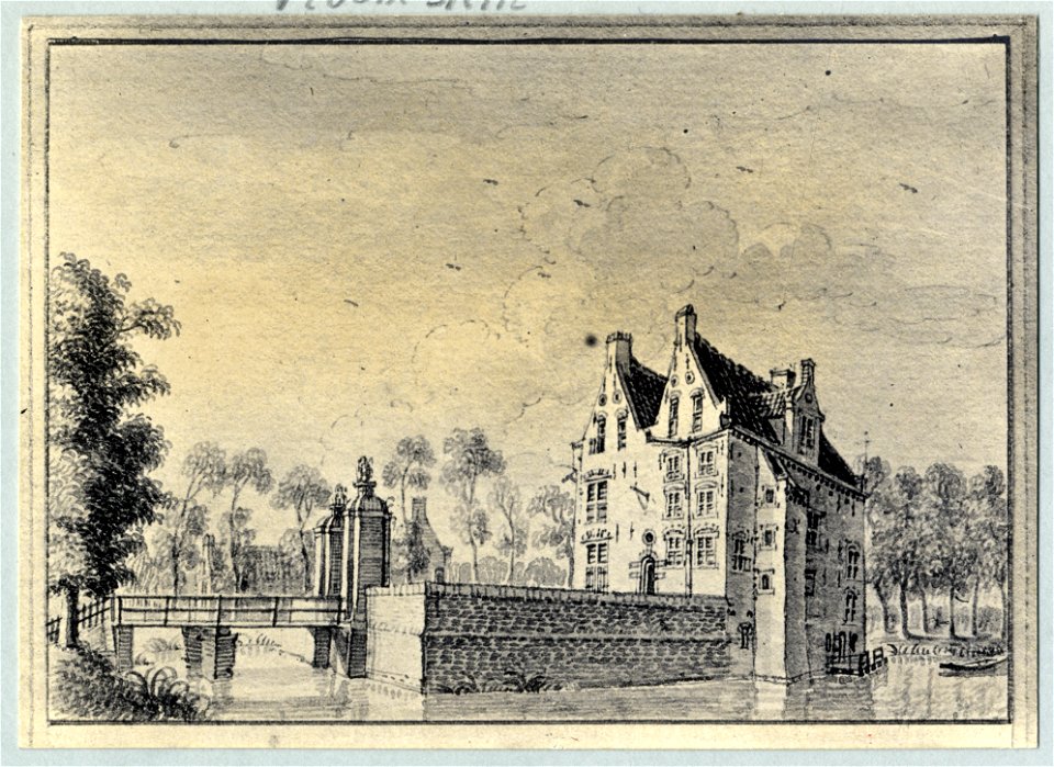 HUA-107498-Gezicht op de voor en de zijgevel van het huis Vronestein bij Jutphaas met de toegangsbrug en het ommuurde voorplein uit het noordwestenNB De gemeente