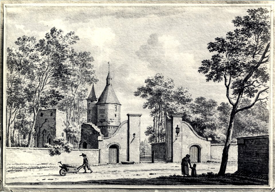 HUA-107319-Gezicht op de toegangspoort tot het kasteel Duurstede te Wijk bij Duurstede met daarachter de Bourgondische toren