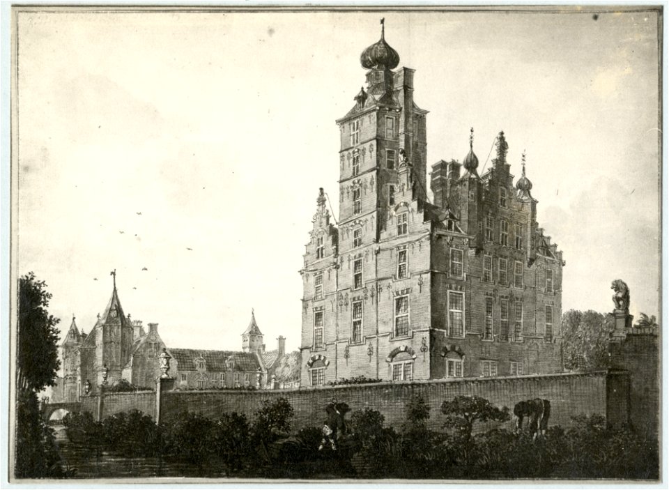HUA-107529-Gezicht op de zij en de achtergevel van het kasteel Zuilenstein bij Amerongen met links het poortgebouw en dienstgebouwen op het voorterrein uit het n