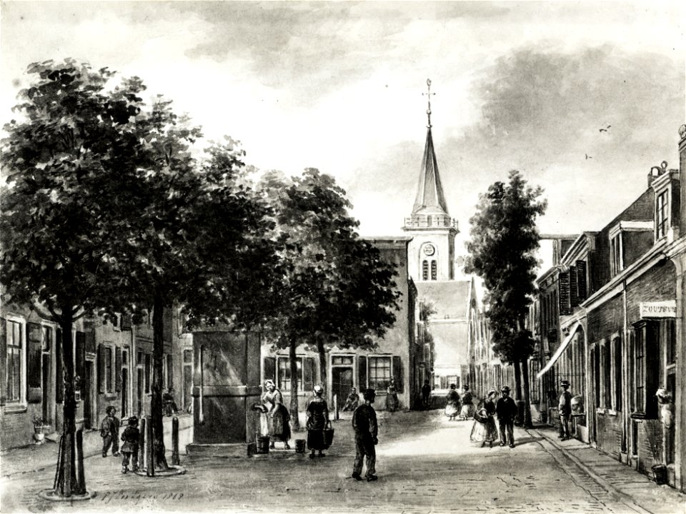 HUA-107553-Gezicht in de Herenstraat te Breukelen uit het oosten met op de achtergrond de toren van de Nederlands Hervormde kerk