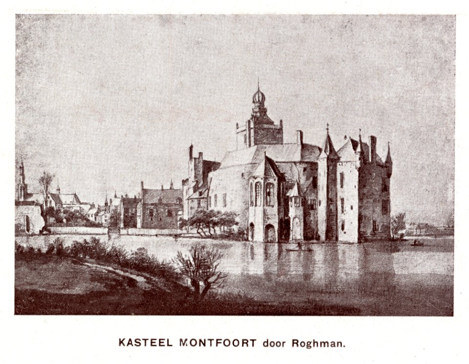 HUA-107411-Gezicht op het kasteel Montfoort te Montfoort uit het zuiden met links een gedeelte van de stadsmuur en de toren van de Nederlands Hervormde kerk te M