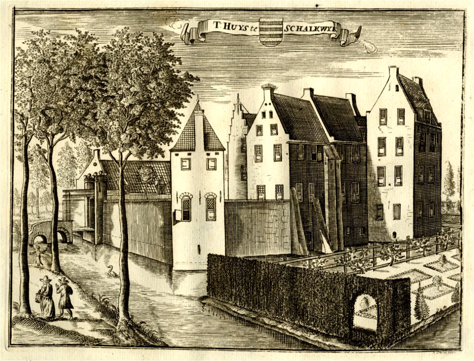HUA-135387-Gezicht op het kasteel Schalkwijk te Schalkwijk uit het oosten met rechts een gedeelte van het omgrachte tuineilandNB De gemeente Schalkwijk is per 1 