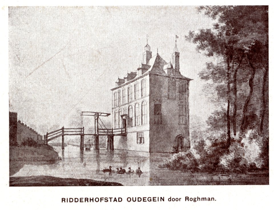 HUA-107439-Gezicht op de voor en zijgevel van het kasteel Oudegein te Jutphaas met links het voorterrein met een gedeelte van een van de bouwhuizen uit het zuido